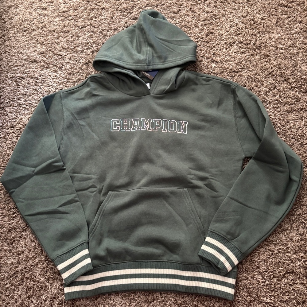 Champion Olive Green Hoodie with Striped Cuffs